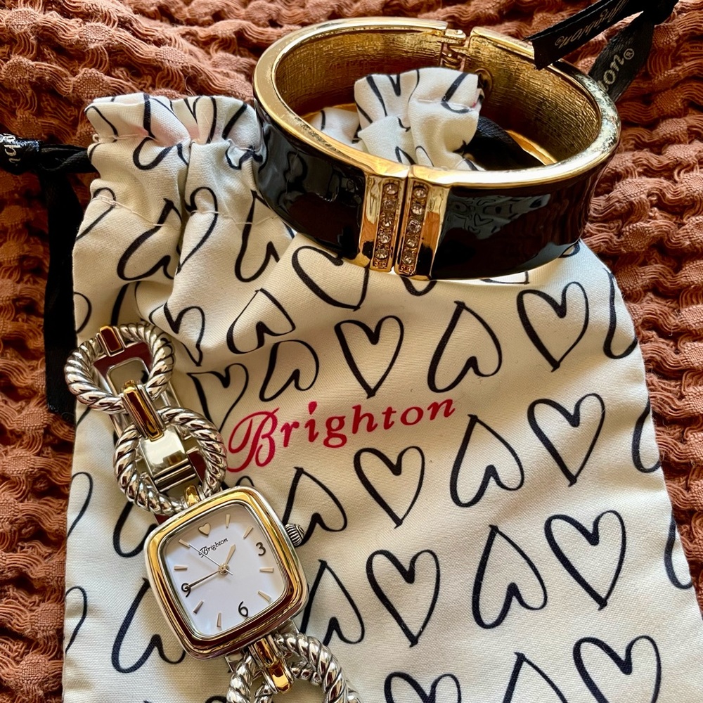 Brighton Women's Two-Tone Watch & Black Clasp Bracelet Set